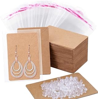 Anezus 100 Pcs Earring Display Cards with 200 Earring Backs and 100 Self-Sealing Bags for Earrings, Necklace &amp; Jewelry Display, Kraft Color 3.5x2.4 Inches