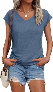 AUTOMET Womens V Neck T Shirts Cap Sleeve Cap Sleeve Basic Tees