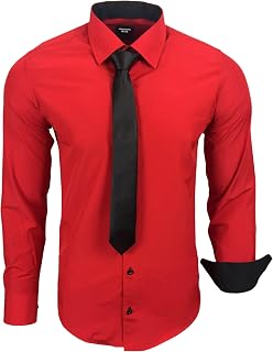 Subliminal Mode - Men's Long-Sleeved Shirt with Two-Tone Collar Plain + Black Tie Shirt Slim Fit Business Easy Iron RN77