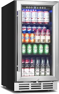 Feelfunn 15 Inch Beverage Refrigerator Under Counter,126 Cans,Silver | 37-65°F,Glass Door,Removable Shelves,<42dB,Built-in or Freestanding Beverage Fridge for Beer Wine Soda in Home Kitchen or Bar