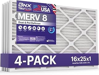 BNX TruFilter 16x25x1 Air Filter MERV 8 Dust, Pet & Allergy Defense 4-Pack | Actual Size: 15.69 x 24.69 x 0.75, Electrostatic Pleated HVAC AC Furnace Filter Replacement, Made in USA, MPR 600–700 & FPR 5