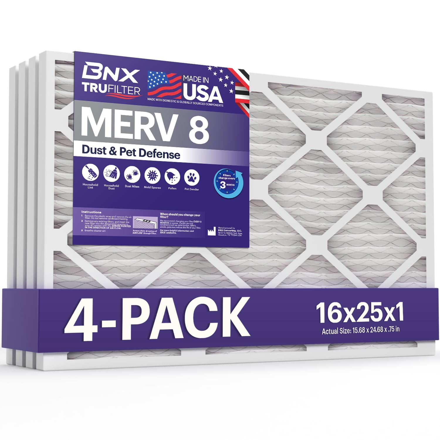 BNX TruFilter 16x25x1 Air Filter MERV 8 Dust, Pet & Allergy Defense 4-Pack | Act
