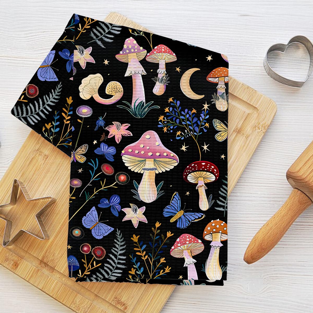 Boho Mushroom Kitchen Towels 24x14 Inch, Vintage Floral Waffle Hand Towels for K