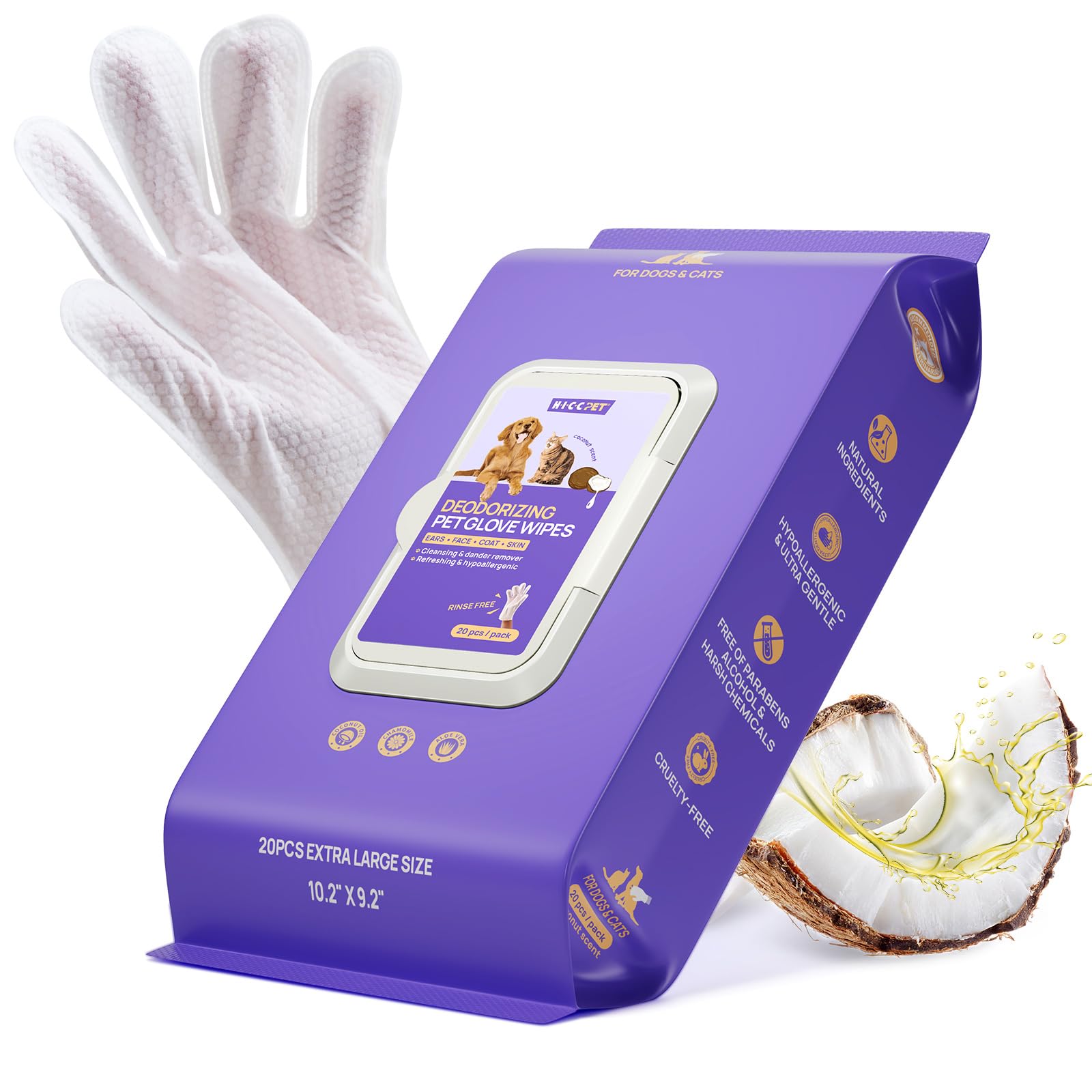 HICC PET Dog Wipes for Dogs & Cats, Glove Design, 20 Count | Fresh Coat Between 