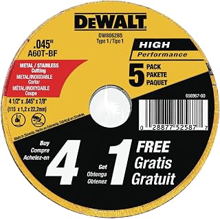 DEWALT 4 1/2 Cut Off Wheel, Angle Grinder Cutting Disc, 5 Pack, Aluminum Oxide Abrasive Chop with 7/8 Arbor for Metal Cutting, Grinding Wheels 4 1/2 in x .045 in (DW8062B5)