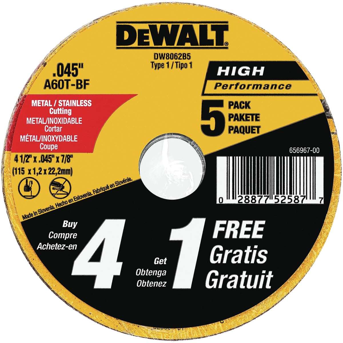 DEWALT 4 1/2 Cut Off Wheel, Angle Grinder Cutting Disc, 5 Pack, Aluminum Oxide A