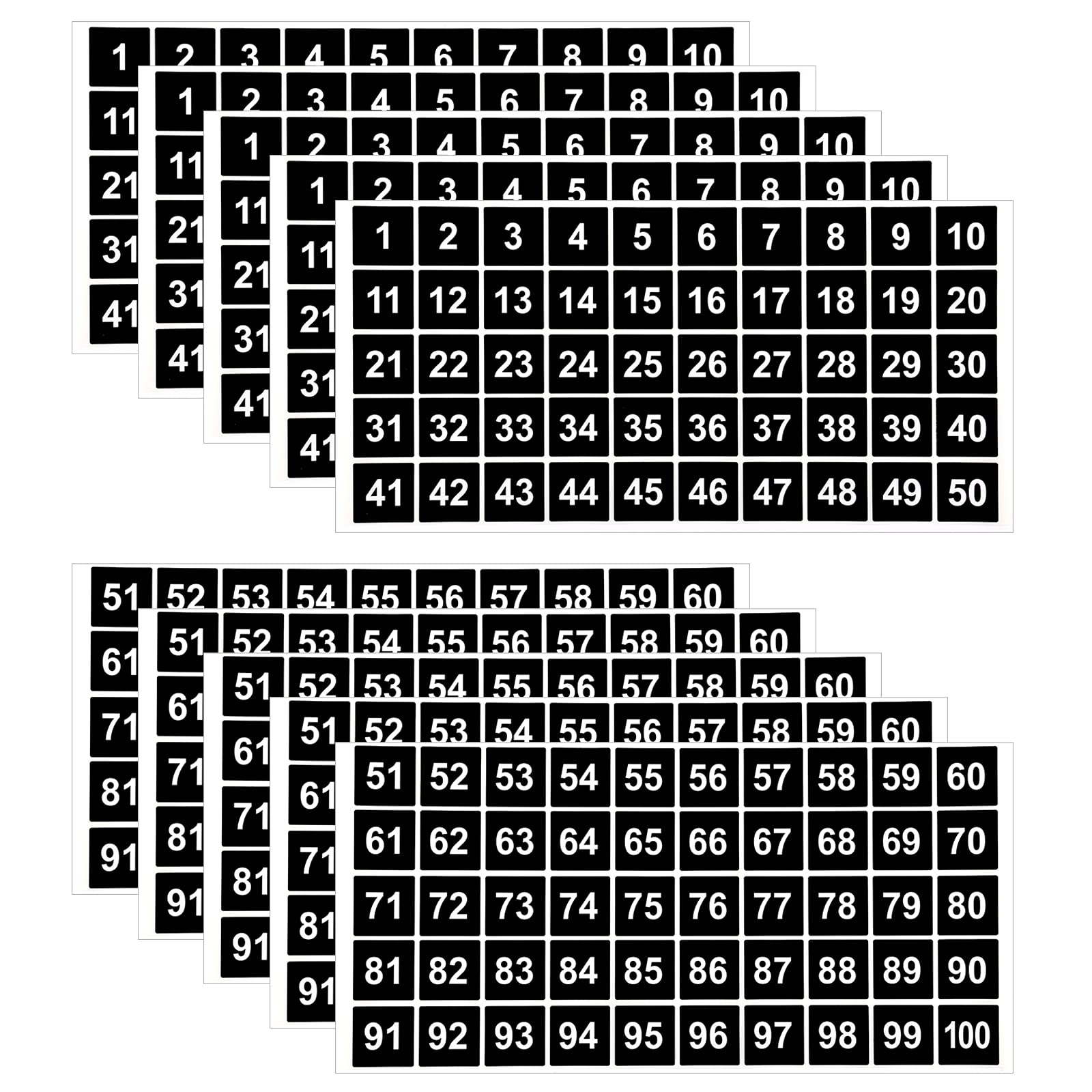 10 Sheets Number Stickers, 5 Sets of 1 to 100 Square Vinyl Stickers Waterproof f