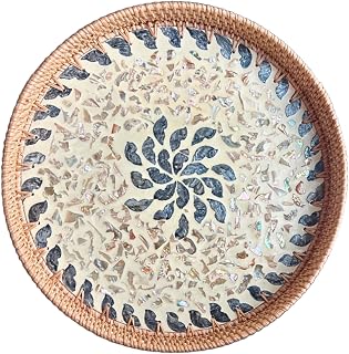 14 inch Round Rattan Tray Home Decor, Wicker Serving Tray with Mother of Pearl Inlay, Boho Decorative Tray for Coffee Table, Display, Ottoman, Kitchen Table, Bathroom (Lucky Flower)