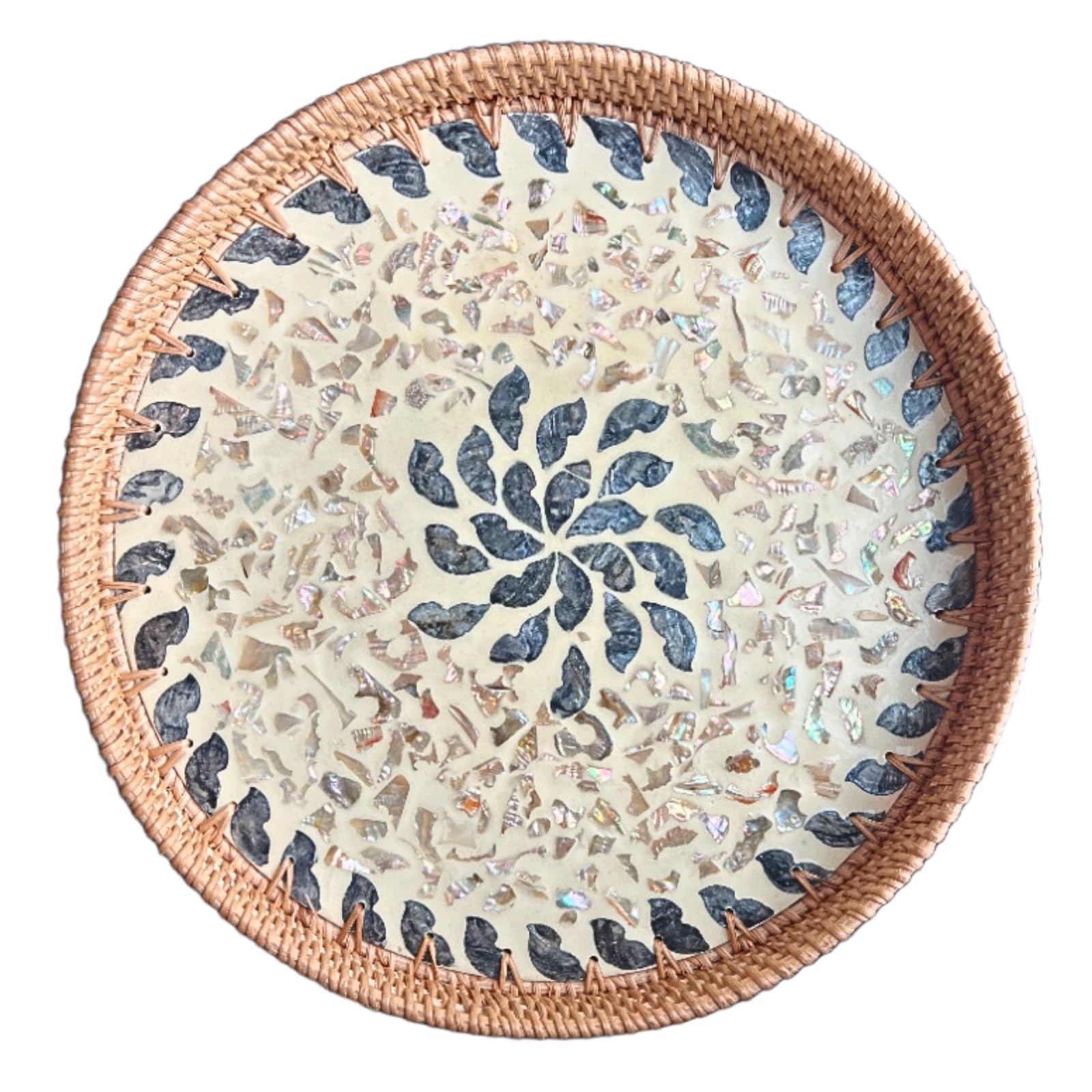 14 inch Round Rattan Tray Home Decor, Wicker Serving Tray with Mother of Pearl I