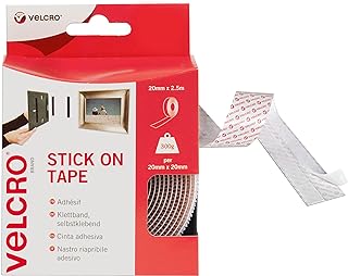 VELCRO Brand Stick On Tape, Hook & Loop, Cut-to-Length, White, 20mm x 2.5m