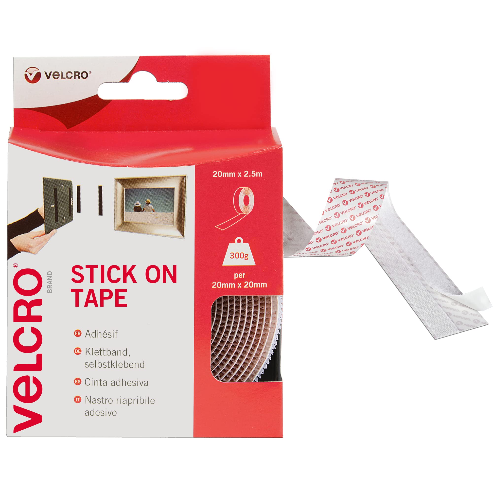 VELCRO Brand Stick On Tape, Hook & Loop, Cut-to-Length, White, 20mm x 2.5m