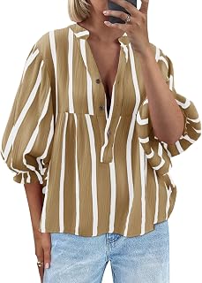 Tankaneo Women's Babydoll Puff Sleeve Summer Tops V Neck Striped Blouse Cute Casual Loose Fit Flowy Shirts