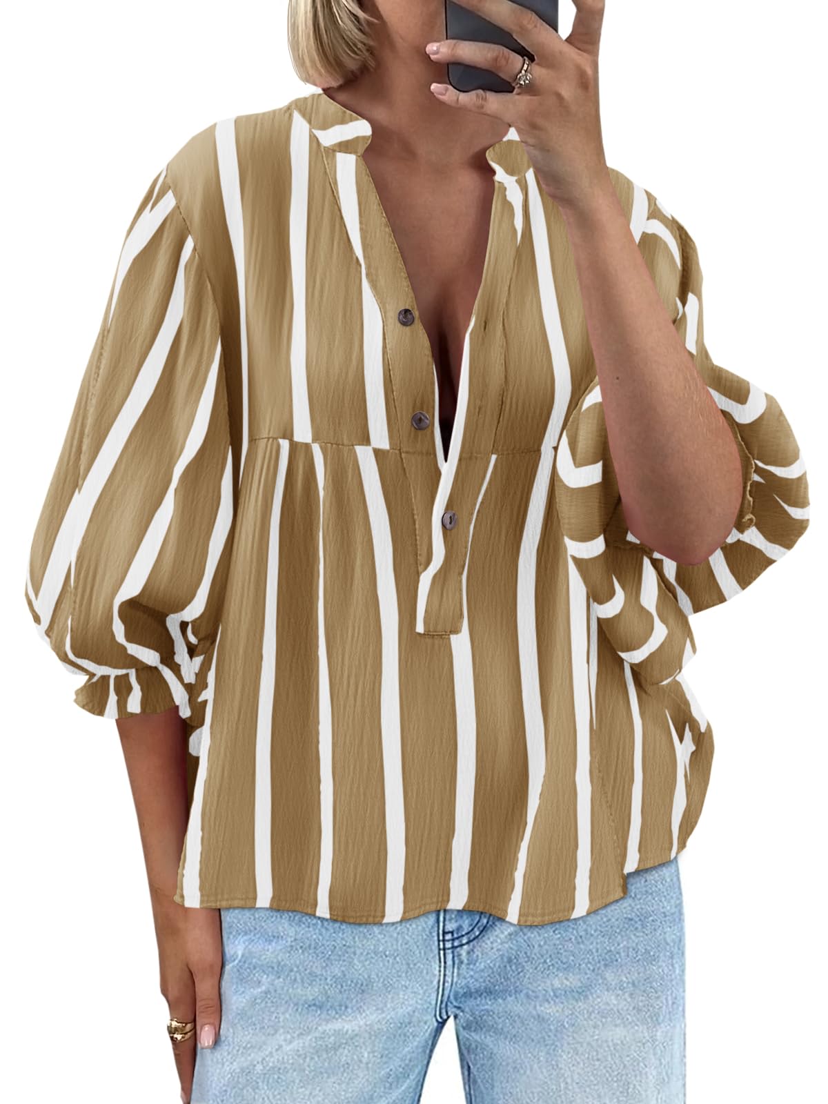 Tankaneo Women's Babydoll Puff Sleeve Summer Tops V Neck Striped Blouse Cute Cas