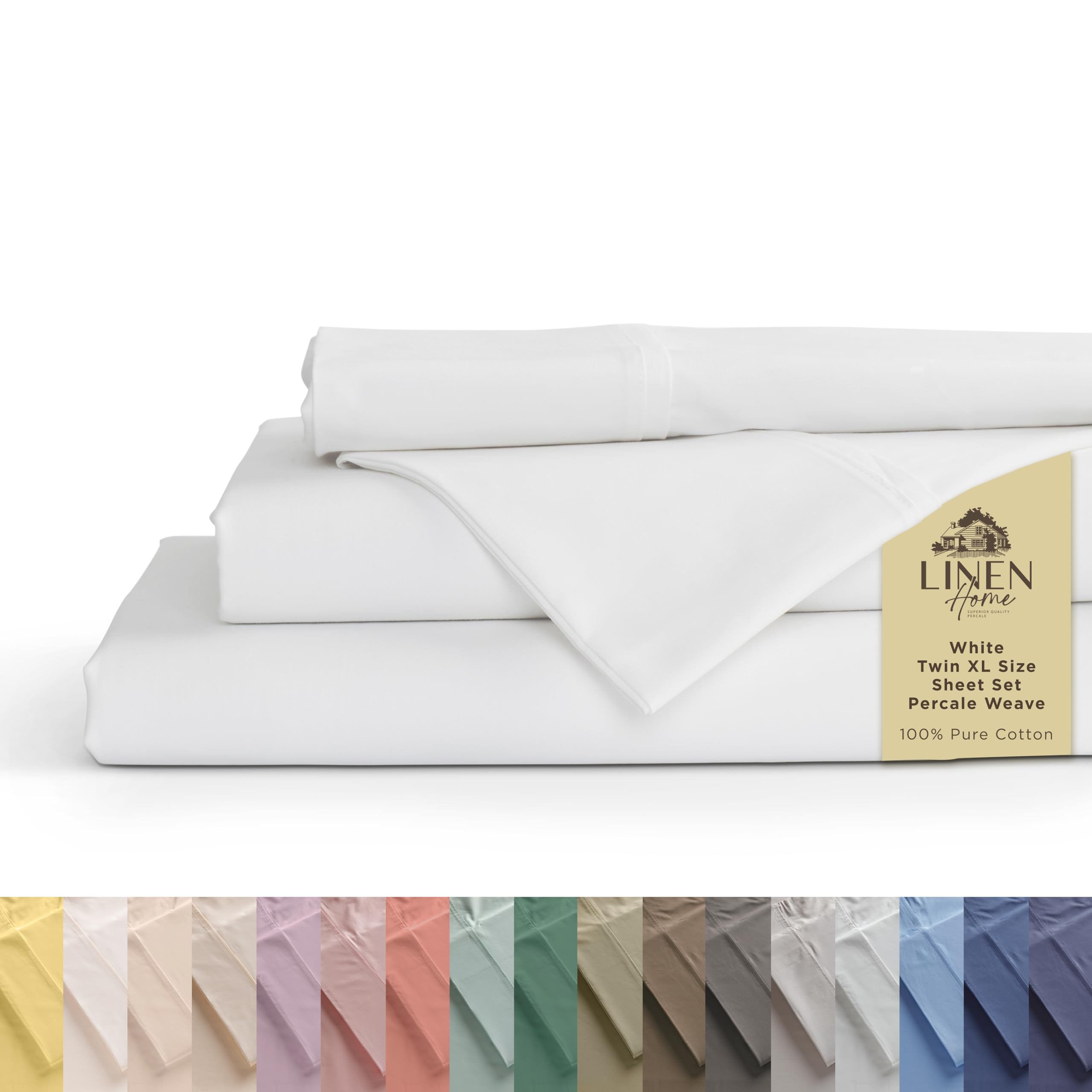 Linen Home 100% Cotton Percale Twin XL Sheets, 3 Pc Cooling Set - White