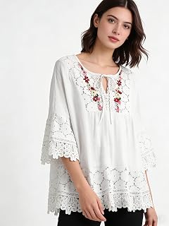 Women Bohemian Floral Embroidery Tops V Neck Tie Front Peasant Blouse 3/4 Bell Sleeve Lace Trim Loose Fit Tunic Shirt