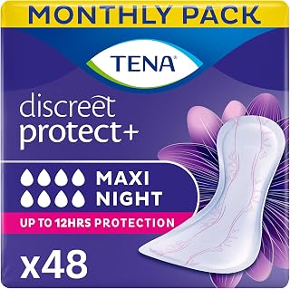 TENA Discreet Maxi Night, Incontinence Pads for Women, Specifically Designed for Night Time Protection with Wider Back and Extra Length, 48 Count (Pack of 8 x 6),packaging may vary