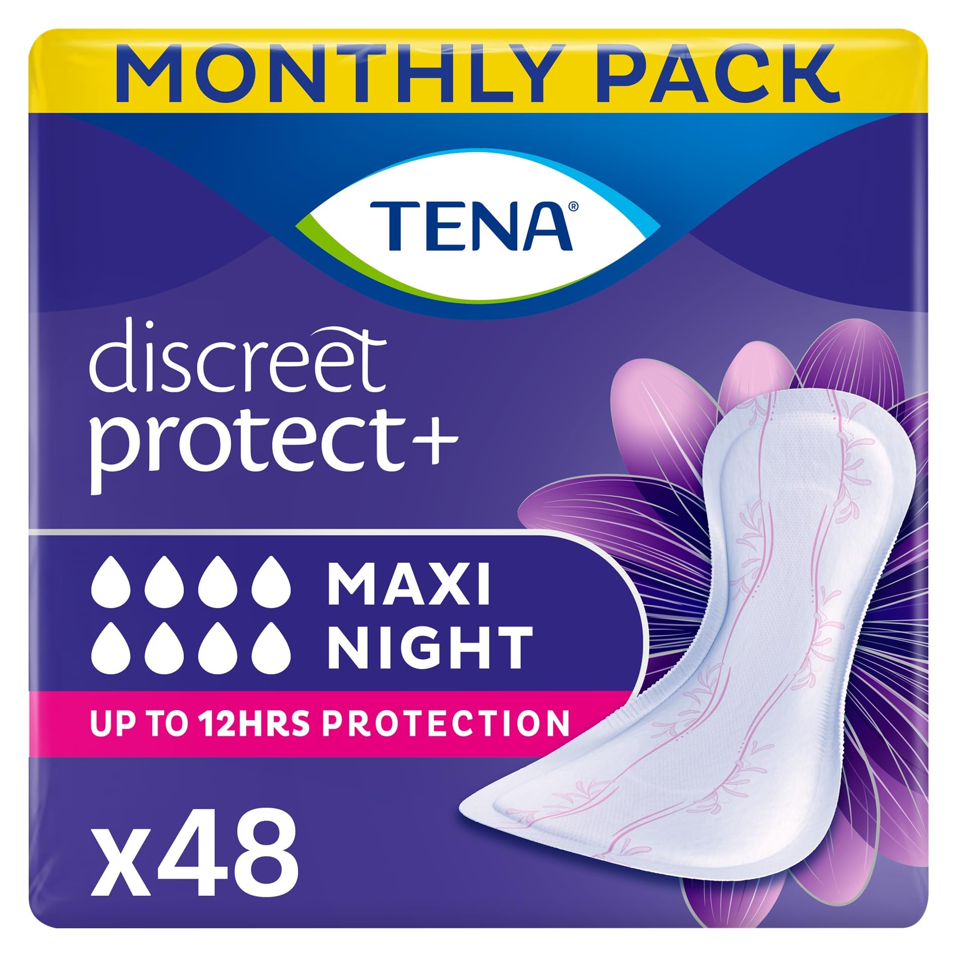 TENA Discreet Maxi Night, Incontinence Pads for Women, Specifically Designed for