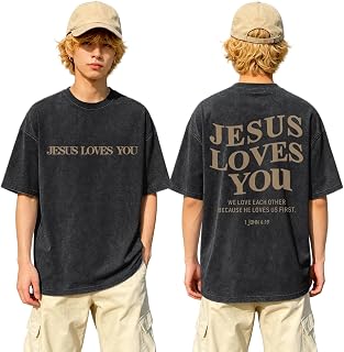 Boys Jesus Loves You Christian Shirts God Faith Shirt for Kids Bible Verse Religious Graphic Tees Acid Wash Tshirt