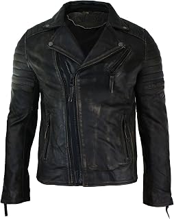 Men's Vintage Vintage Style Genuine Leather Cintree Cut Diagonal Closure Jacket