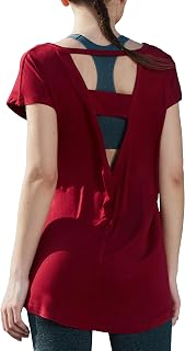Women's Cotton Short Sleeve Workout Shirts Yoga T-Shirt Large V Back Cut Out Athletic Tee Tops