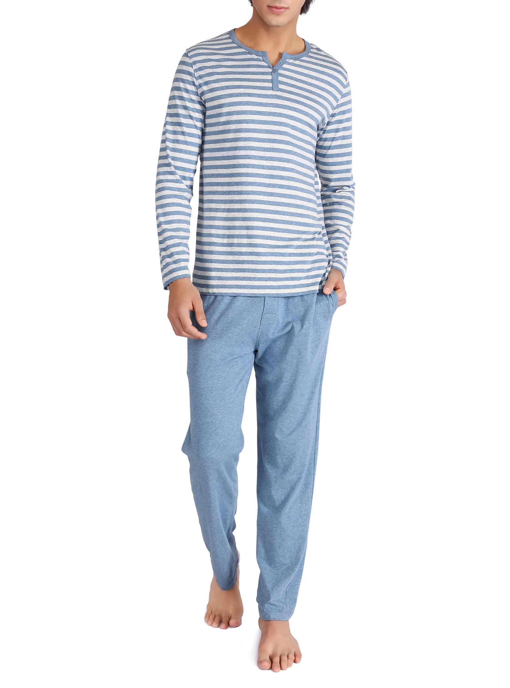 DAVID ARCHY Men's Pajamas Set 100% Combed Cotton Henley Loungewear Relaxed Fit S