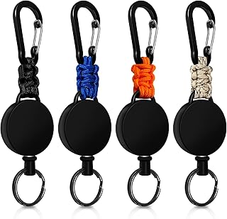 Retractable 4-Piece Key Ring, Retractable Steel Cable 60 cm, Carabiner Keychain with Paracord Clip, Reel Carabiner (Black + Beige + Blue + Orange)