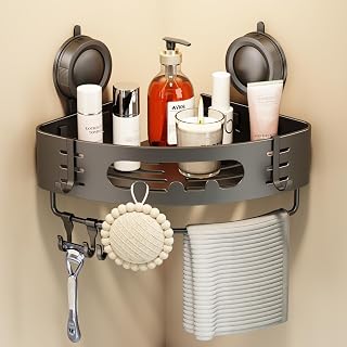 Voldra Corner Shower Caddy Suction Cup No Drilling, Shower Shelf Coner Bathroom Coner Shelves Aluminum Suction Shower Organiser Rack Corner Caddy with Towel Bar Wall Mounted(1 Pack, Grey)