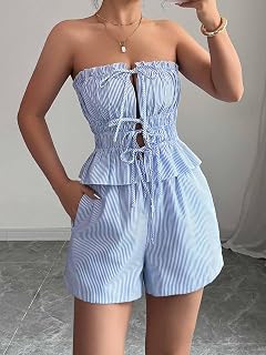 Striped 2 Piece Outfits for Women Strapless Lace Up Tube Top and High Waist Shorts Summer Outfit