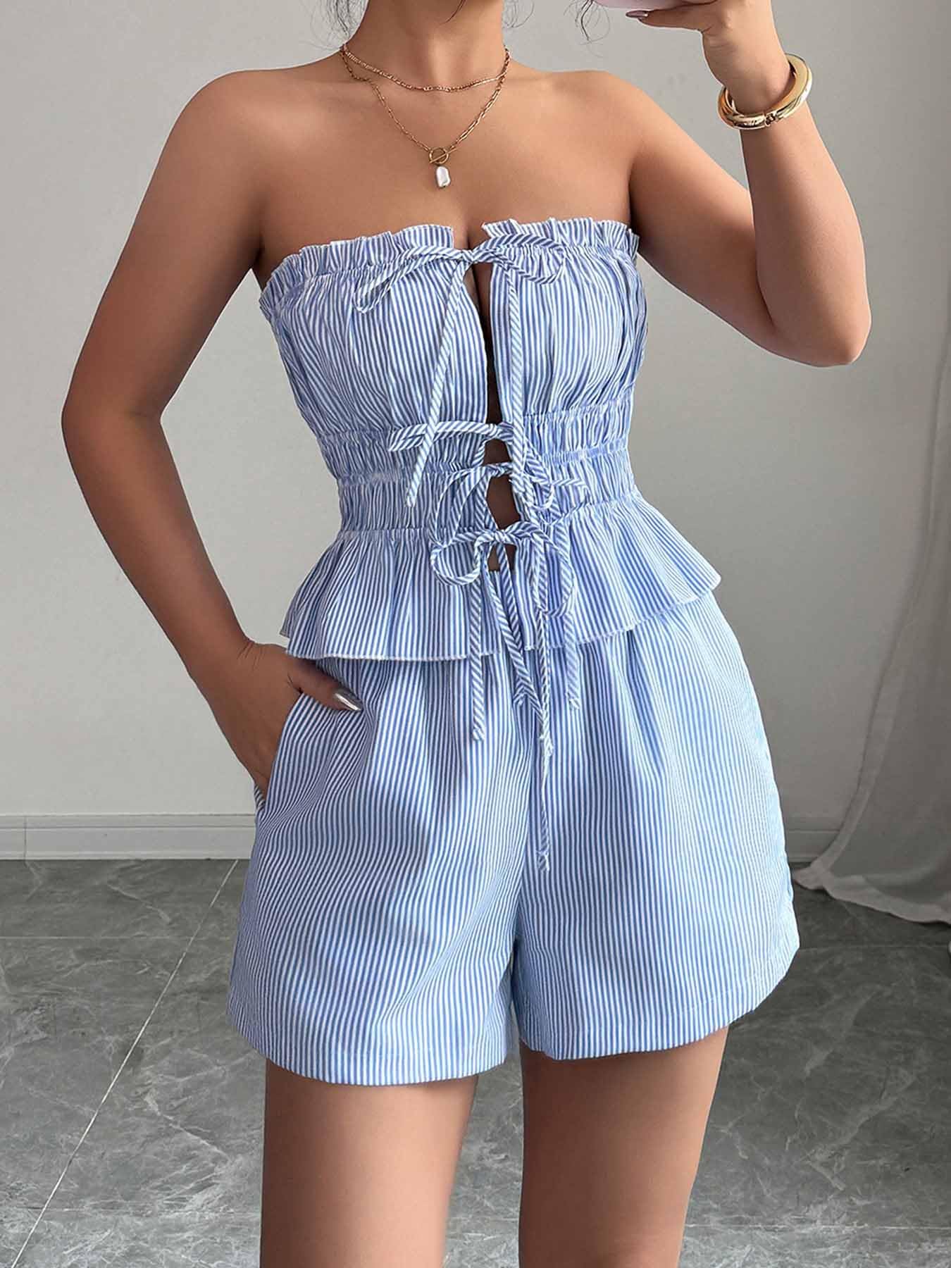 Striped 2 Piece Outfits for Women Strapless Lace Up Tube Top and High Waist Shor