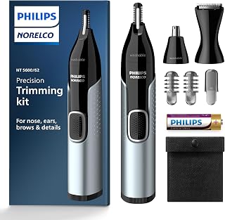 Norelco Philips Nose Trimmer 5000 for Nose, Ears, Eyebrows & Details | Protective Guard System, Dual-Sided Steel Blades, Eyebrow Combs, Rotary & Detail Trimmer, Washable, AA Battery, NT5600/62
