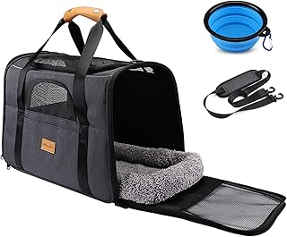 Morpilot Cat Carrier - Airline Approved, Top Opening Portable Dog Bag with Breathable Mesh/Removable Mat, Adjustable Shoulder Strap & Bowl, Foldable Travel Cage, L, Dark Grey (Max 9kg)
