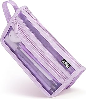 Four Candies Grid Mesh Pencil Case, Clear Double-layer with Handle (Purple) | Smooth Zipper, Transparent Pencil Pouch, Cute Back to School Stationary, Makeup Bag, Travel Friendly, for Office College