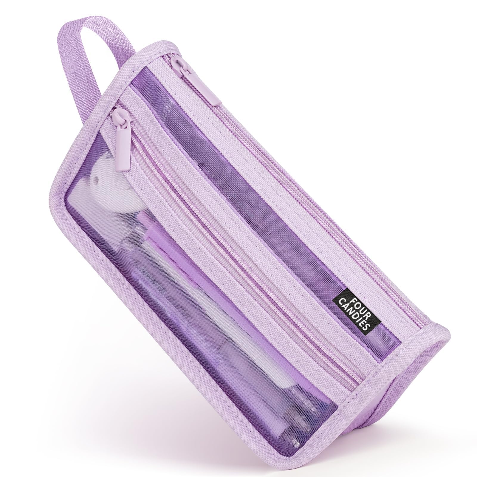 Four Candies Grid Mesh Pencil Case, Clear Double-layer with Handle (Purple) | Sm