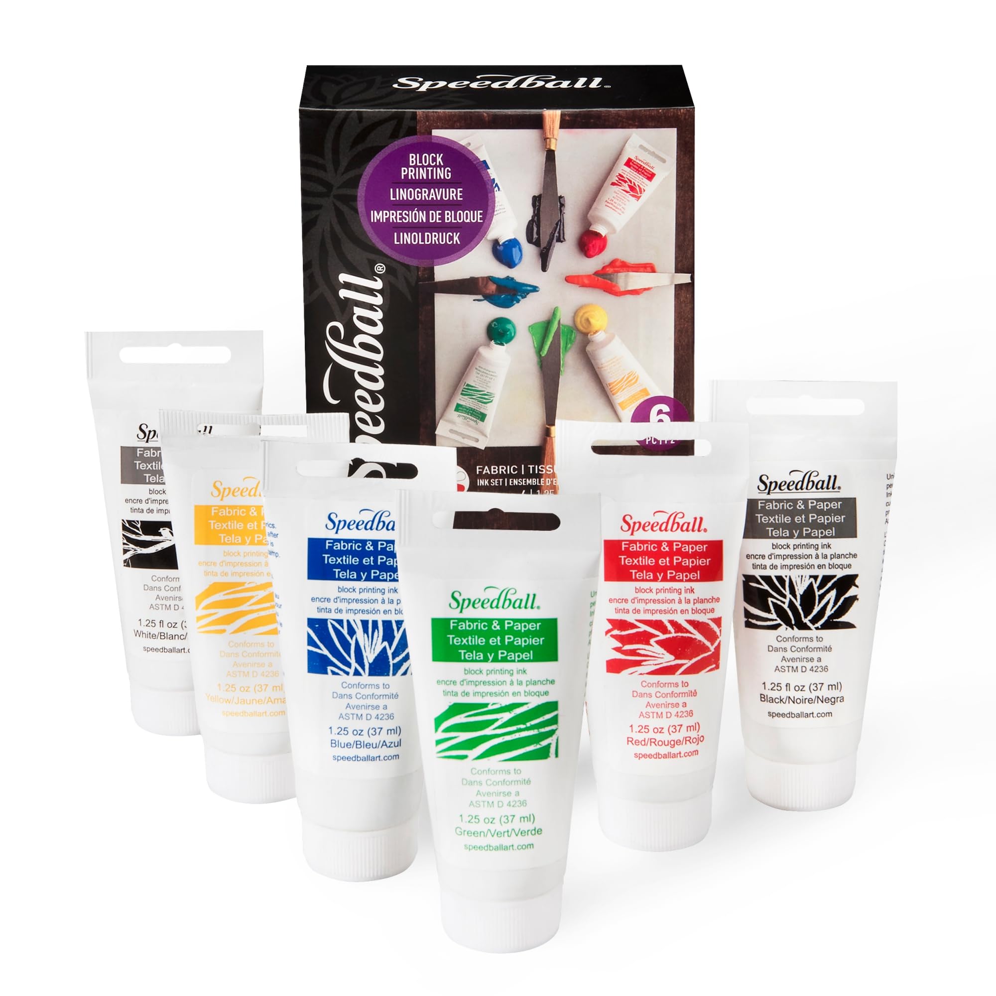 Speedball Premium Block Printing Ink Set - 6 Colors for Fabric and Paper - Water