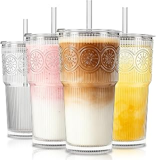 SoulTimes 600 ml Ribbed & Floral Glass Tumbler Set of 4 – Reusable Glass Cups with Lid and Glass Straw, Iced Coffee Cups for Water, Smoothie, Milk & More – Perfect for Daily Use & Travel