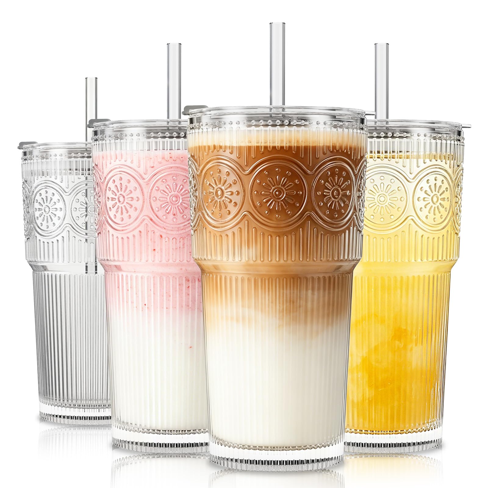 SoulTimes 600 ml Ribbed & Floral Glass Tumbler Set of 4 – Reusable Glass Cups wi