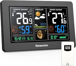 Newentor Wireless Indoor Outdoor Weather Station, 7.5in Temperature Monitor | Thermometer with Atomic Clock, Barometer, Accurate Forecasts, Adjustable Backlight, USB Output Port, Matte Black, 1 Sensor