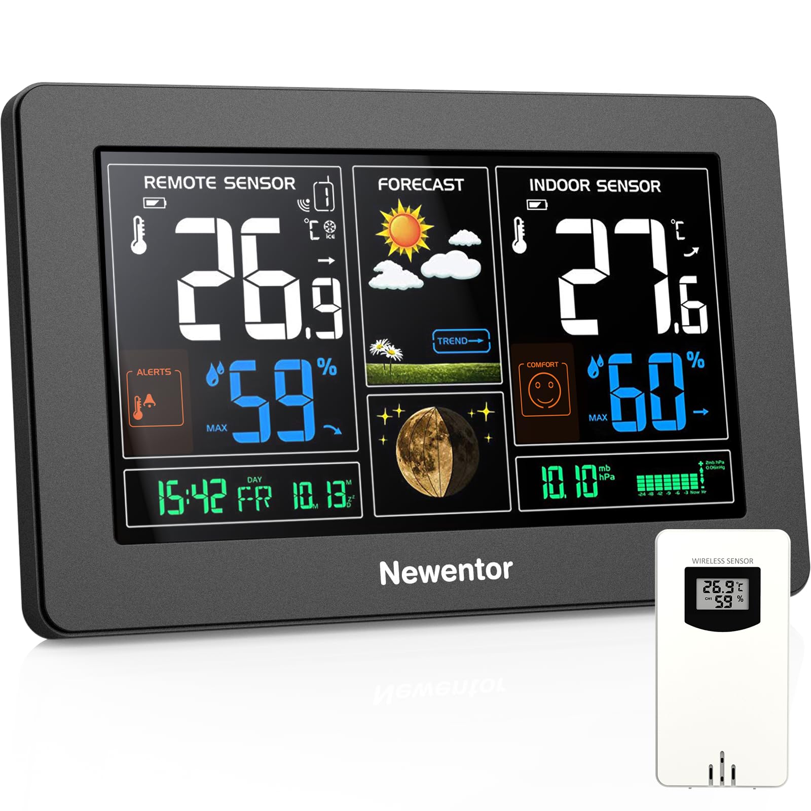 Newentor Wireless Indoor Outdoor Weather Station, 7.5in Temperature Monitor | Th