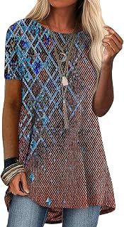 ORANDESIGNE Women's Short Sleeve Round Neck Summer Loose T-Shirts Basic T-Shirts Women Long Summer Casual Geometric Print Blouse Shirt Elegant Top