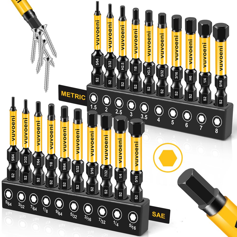 vuvoeni 20PCS Impact Hex Head Allen Wrench Drill Bit Set (Metric & SAE), 2 in Lo