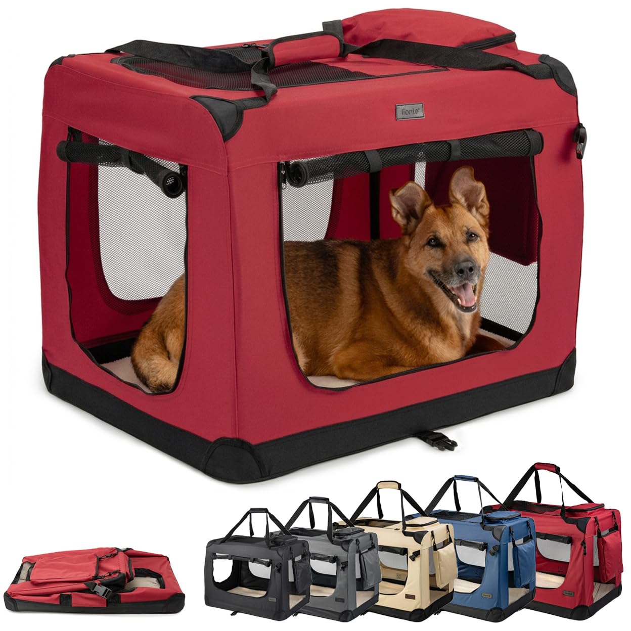 lionto Foldable Dog Crate for Travel and Car, 82 x 58 x 58 cm, Red
