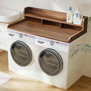 roomfitters 58 Inch Washer Dryer Countertop with Anti Slip Pads, Double Layer Laundry Topper Organizer for Hamper Care, Walnut