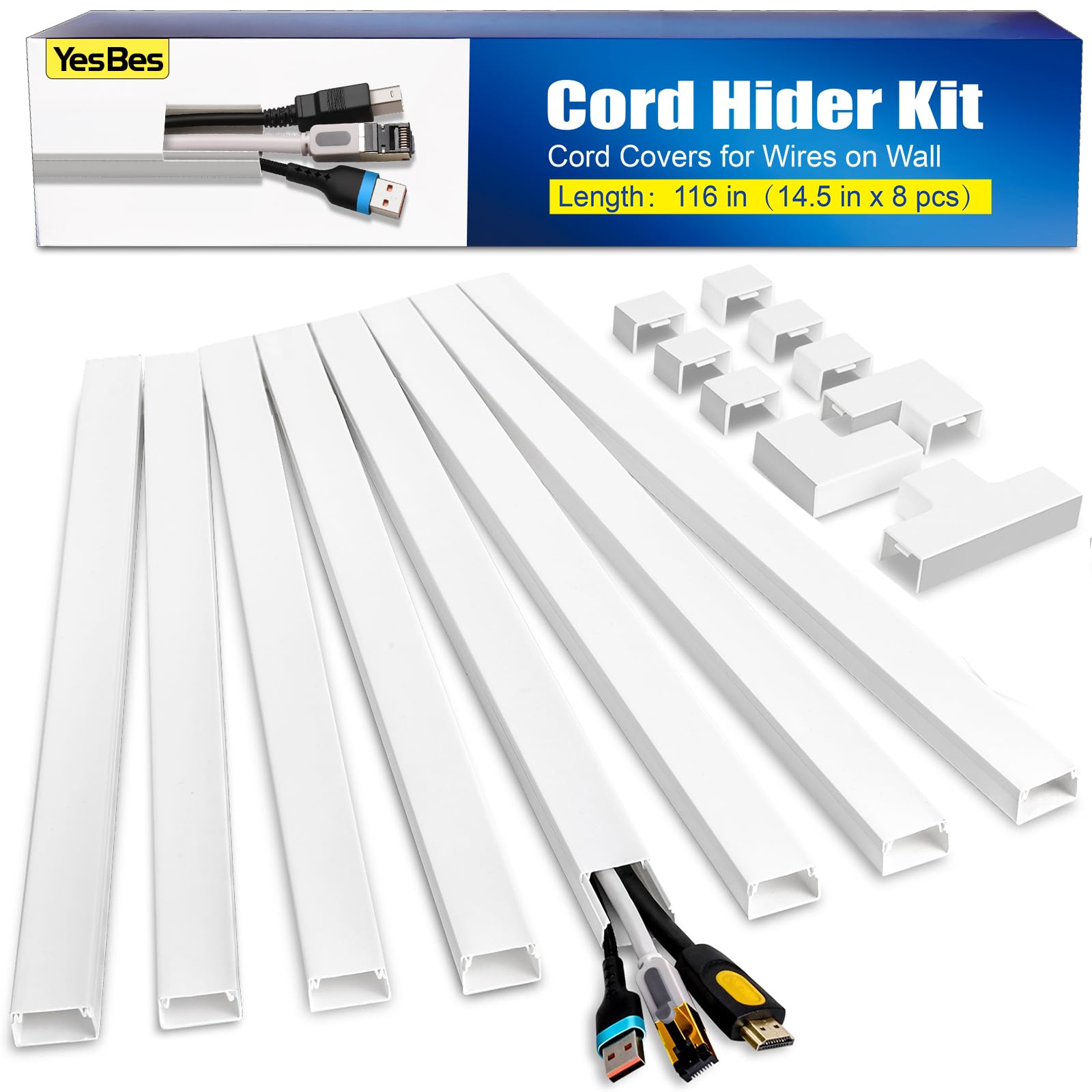 YesBes Cord Hider Kit for Wall Mount TV, Covers for Wires on Wall, Paintable Cab