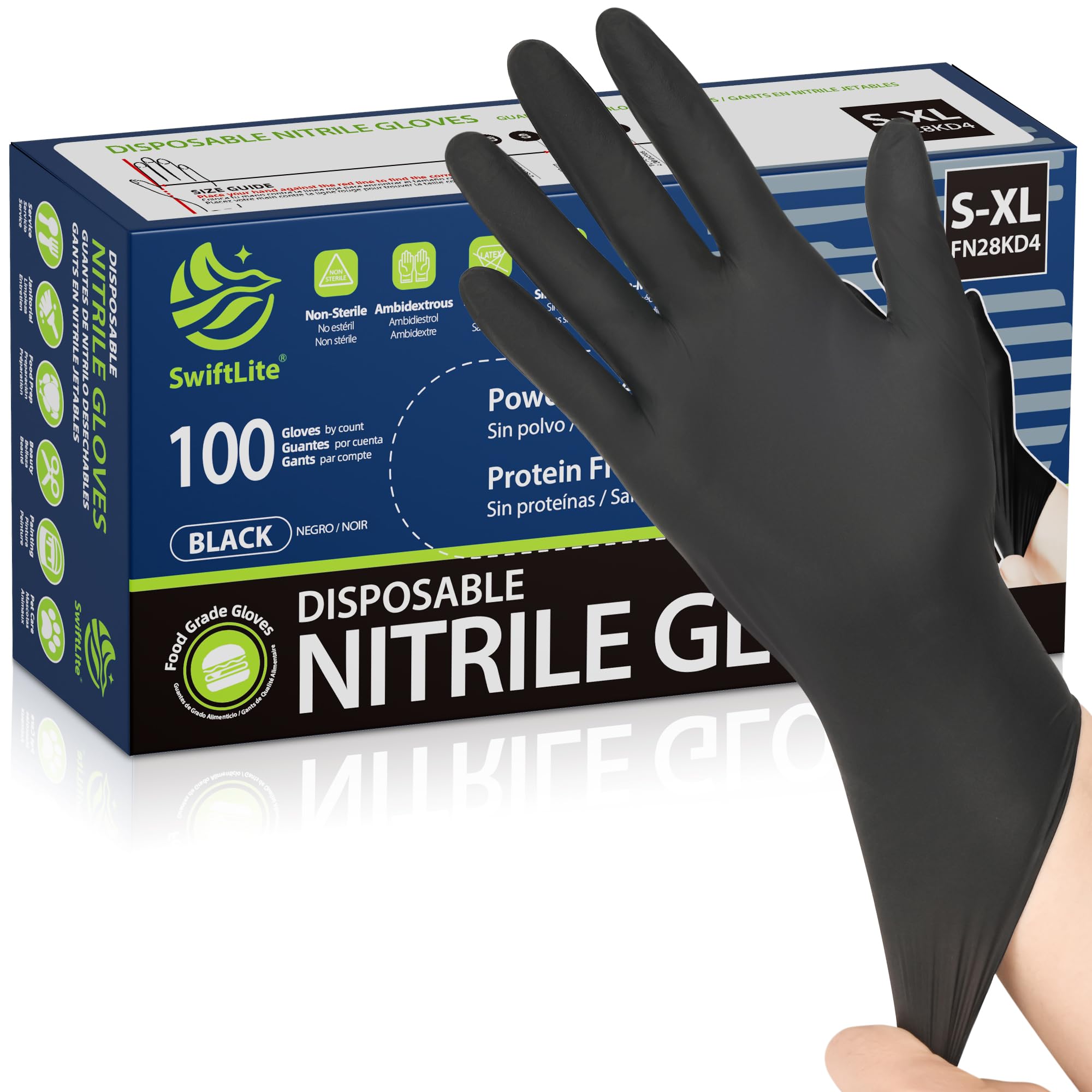 SWIFTLITE Black Nitrile Gloves Disposable Latex Free, Food Safe | Rubber Gloves 