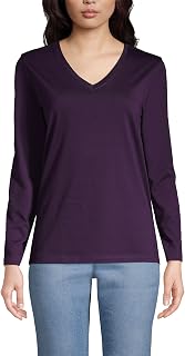 Lands' End T-Shirt a Maniche Lunghe in Cotone Supima da Donna - Scollo a V Rilassato
