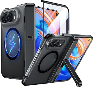 Temdan Magnetic for iPhone Duo Case Ultra Fold with Hidden Stand, Black | Compatible with MagSafe, Built-in HD Screen Protector & Kickstand, Hinge Protection, Translucent Matte Shockproof Phone Cover