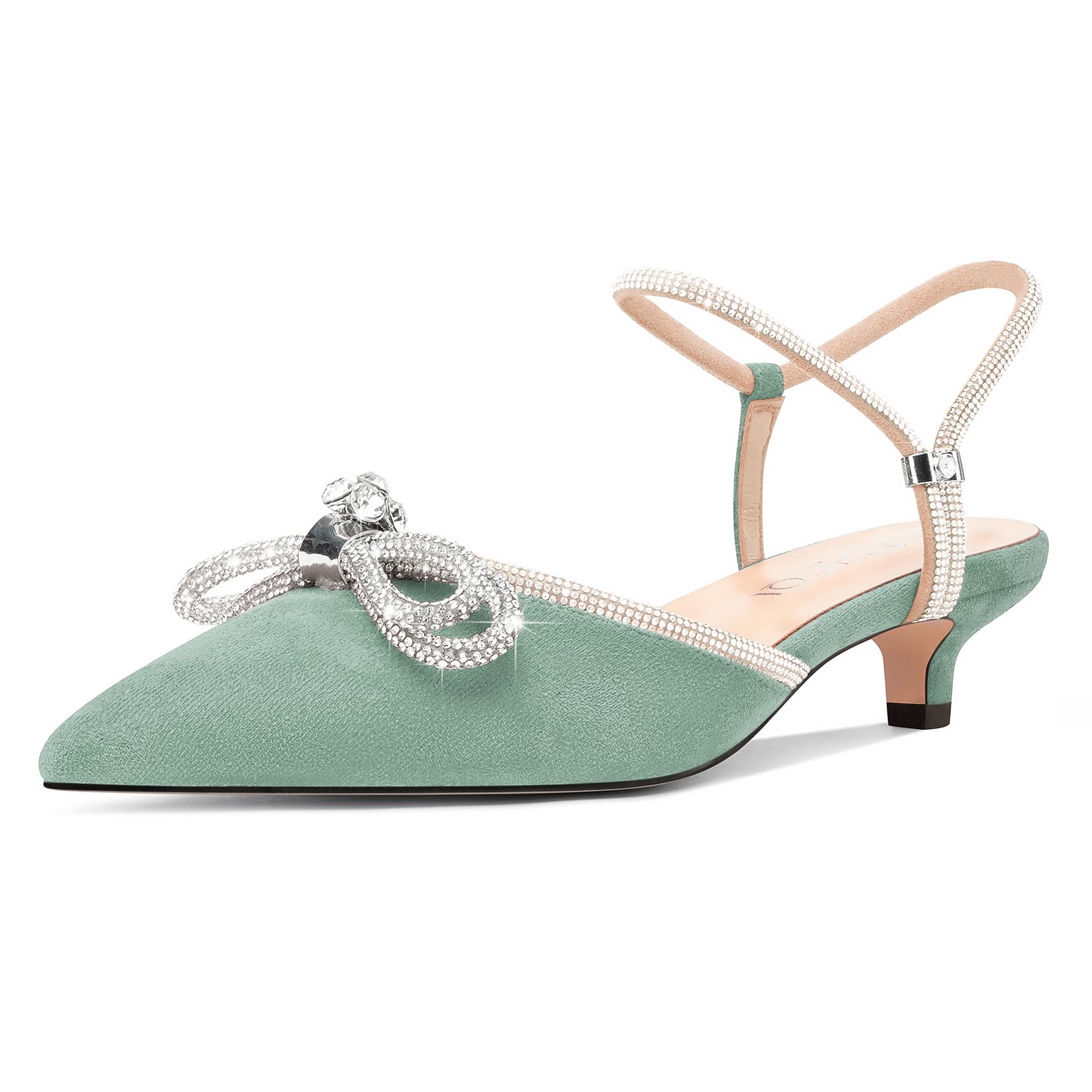 Womens Close Toe Rhinestone Bow Kitten Heels Pointed Toe Low Heel Bow Pumps Adju