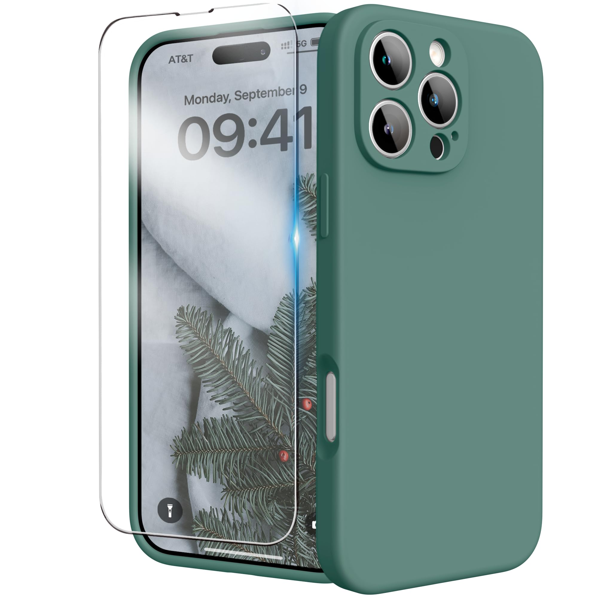 for iPhone 16 Pro Case Silicone with Screen Protector,Pine Green