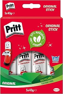 Pritt Glue Stick, Natural Craft Glue for Arts & Crafts, 5 x 43 g | Child-Friendly Adhesive, Strong-Hold Formula, Ideal for School & Office Supplies, Non-Toxic