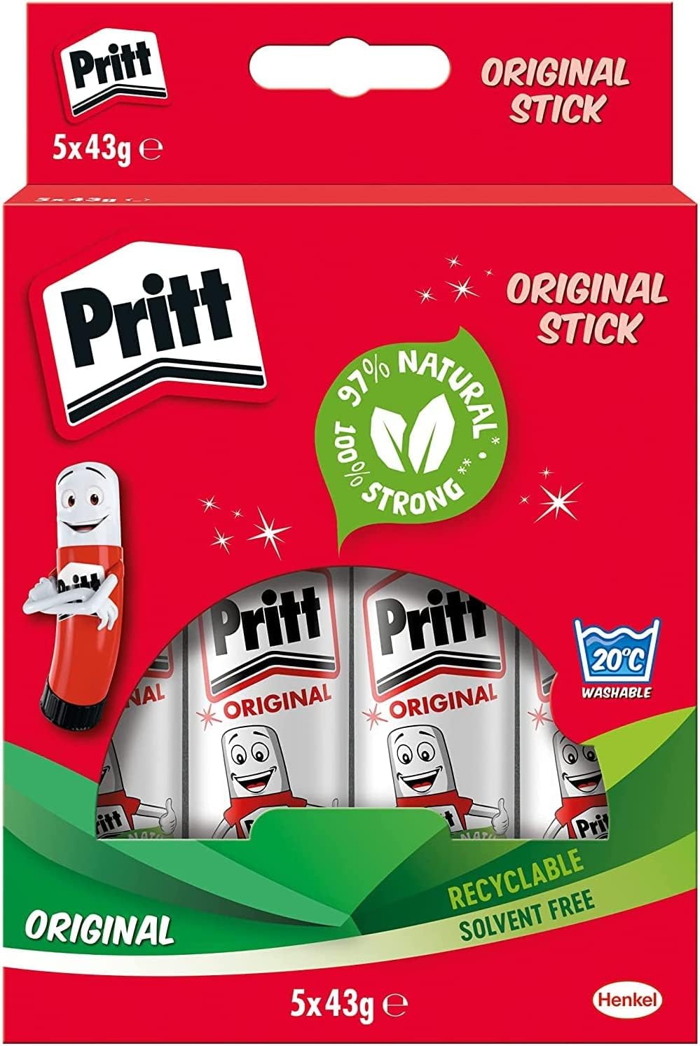 Pritt Glue Stick, Natural Craft Glue for Arts & Crafts, 5 x 43 g | Child-Friendl